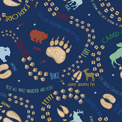 Benartex Explore More Dark Blue Fabric – Outdoorsy Words Novelty Print by Andi Metz