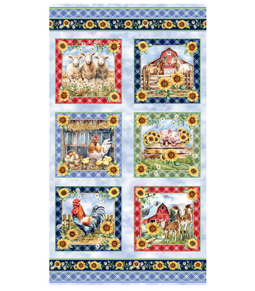 Benartex Green Acres Panel Blue Fabric – Farm Animal Quilt Panel by Nicole DeCamp
