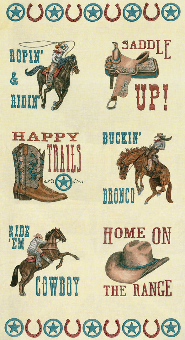 Moda Home On The Range Dusty White Fabric Panel – Western Cowboy Scenic by Deb Strain