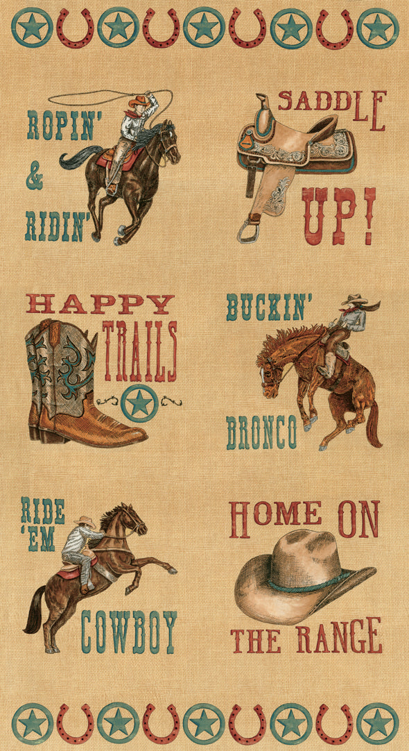 Moda - Home On The Range Burlap Fabric Panel – Western Cowboy Scenic by Deb Strain
