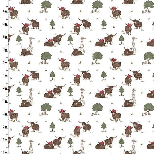 Highland Hazel White Fabric – White Highland Cow Farm Print by Lisa Perry