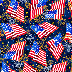 QT Fabrics Proud & True Tossed Flags in Navy Fabric
