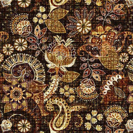 QT Fabrics Treasured Floral Paisley Brown Fabric – Brown Paisley Floral Print by Dan Morris