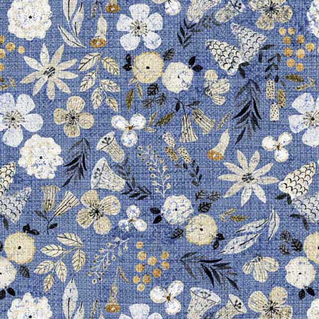 QT Fabrics Treasured Small Floral Blue Fabric – Blue Vintage Floral Print by Dan Morris