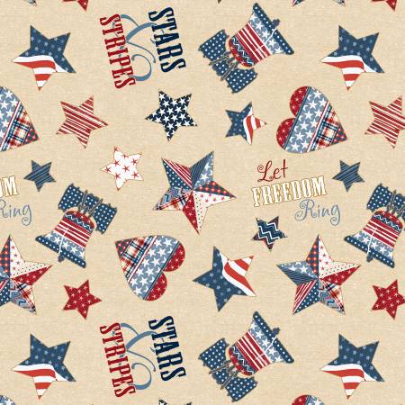 Wilmington Prints - Stars of Valor Patriotic Symbols Tossed in Cream Fabric – by Beth Grove