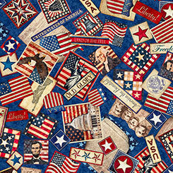 QT Fabrics American Tapestry Patriotic Collage Blue Fabric – Patriotic Novelty Print by Dan Morris