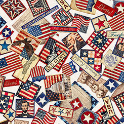 QT Fabrics American Tapestry Patriotic Collage Cream Fabric – Patriotic Novelty Print by Dan Morris