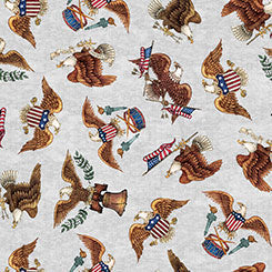 QT Fabrics American Tapestry Tossed Eagles Gray Fabric – Patriotic Eagle Print by Dan Morris