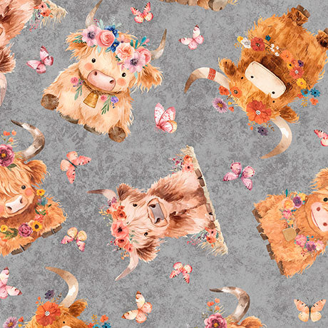 QT Fabrics - Cuties 2 - Baby Highland Cows Gray Fabric - by Morris Creative Group
