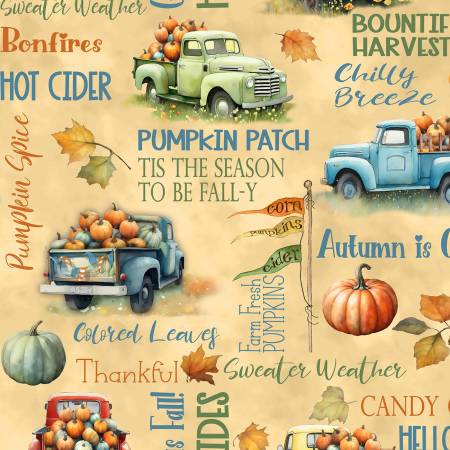 Wilmington Prints Glorious Fall Golden Tan Large Allover Fabric – Fall Truck Print by Nancy Mink
