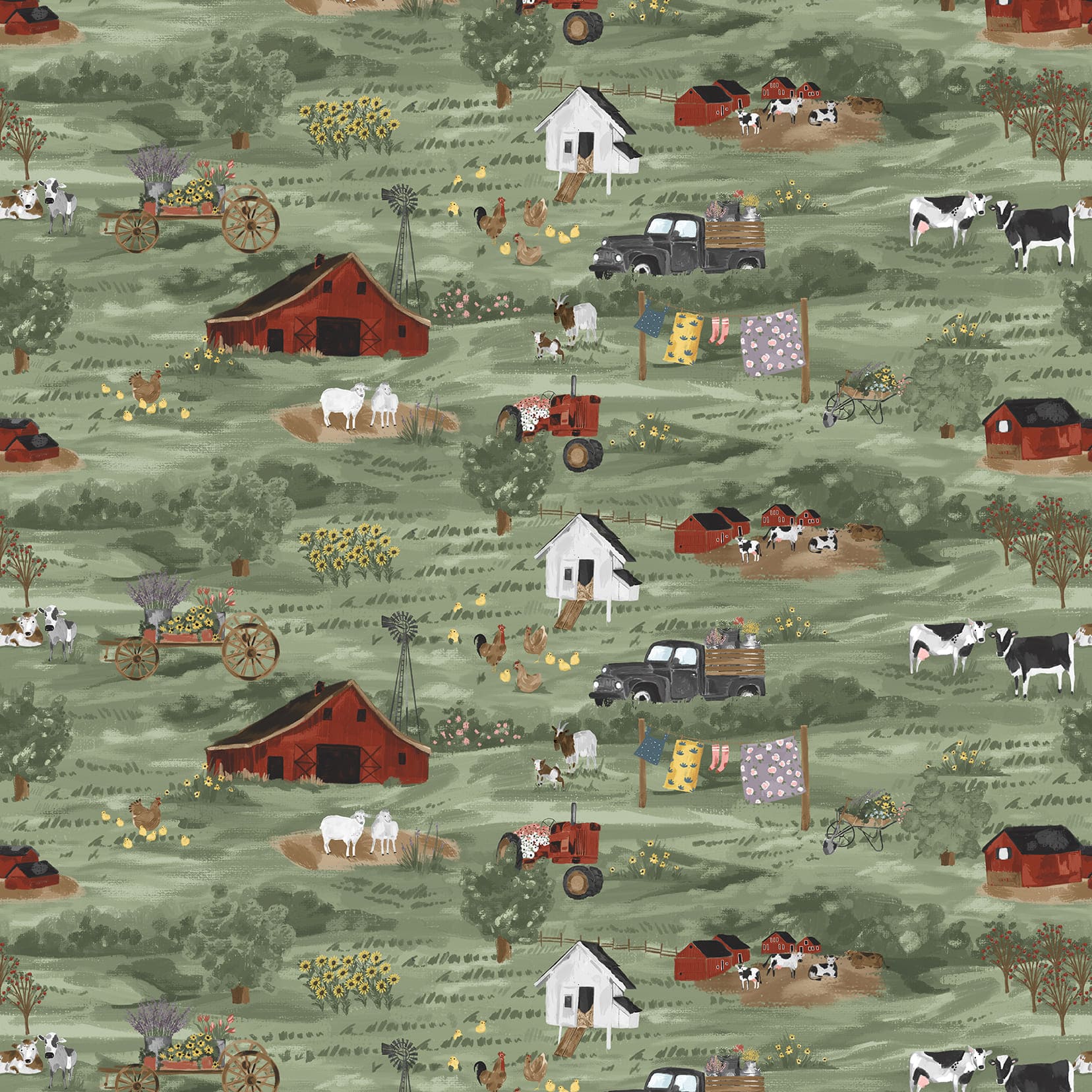 Blank Quilting Rise with the Sun Green Fabric – Green Farm Scene Print