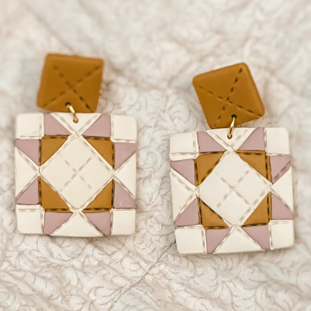 21. Mustard + Pink Quilted Style Stud Dangle Earrings – Handmade by Sydni Carlson Art