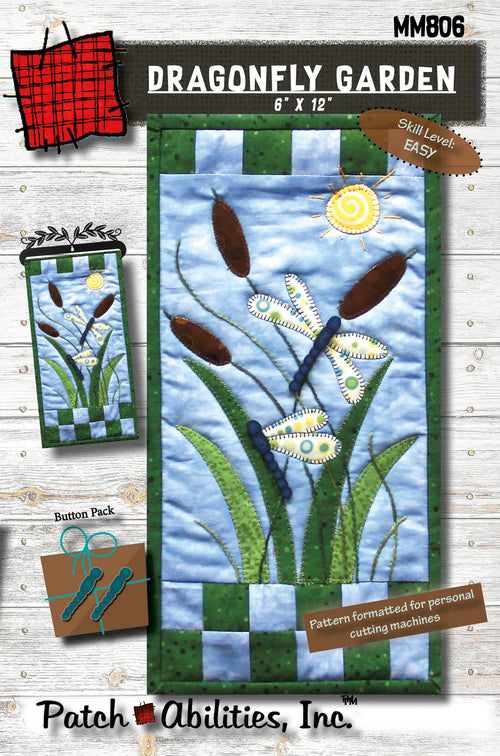 Dragonfly Garden by Julie Wurzer - Wall Hanging Pattern with Button Pack – 6"x12" for Patch Abilities