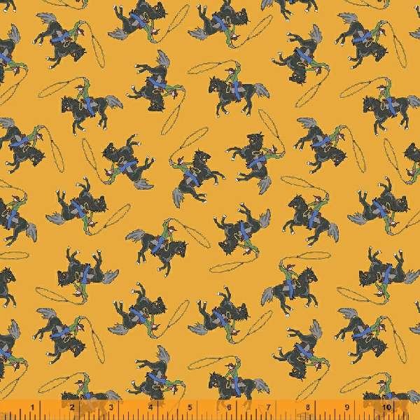 Windham Fabrics Yippie Yi Yo Ki Yay Gold Cowboy Fabric – Gold Western Novelty Print by Laura Heine