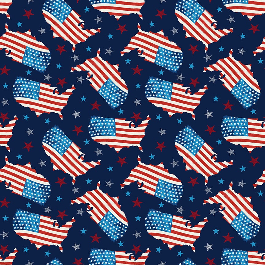 Henry Glass Liberty for All - Tossed USA Map Blue Fabric – Blue Patriotic Novelty Print