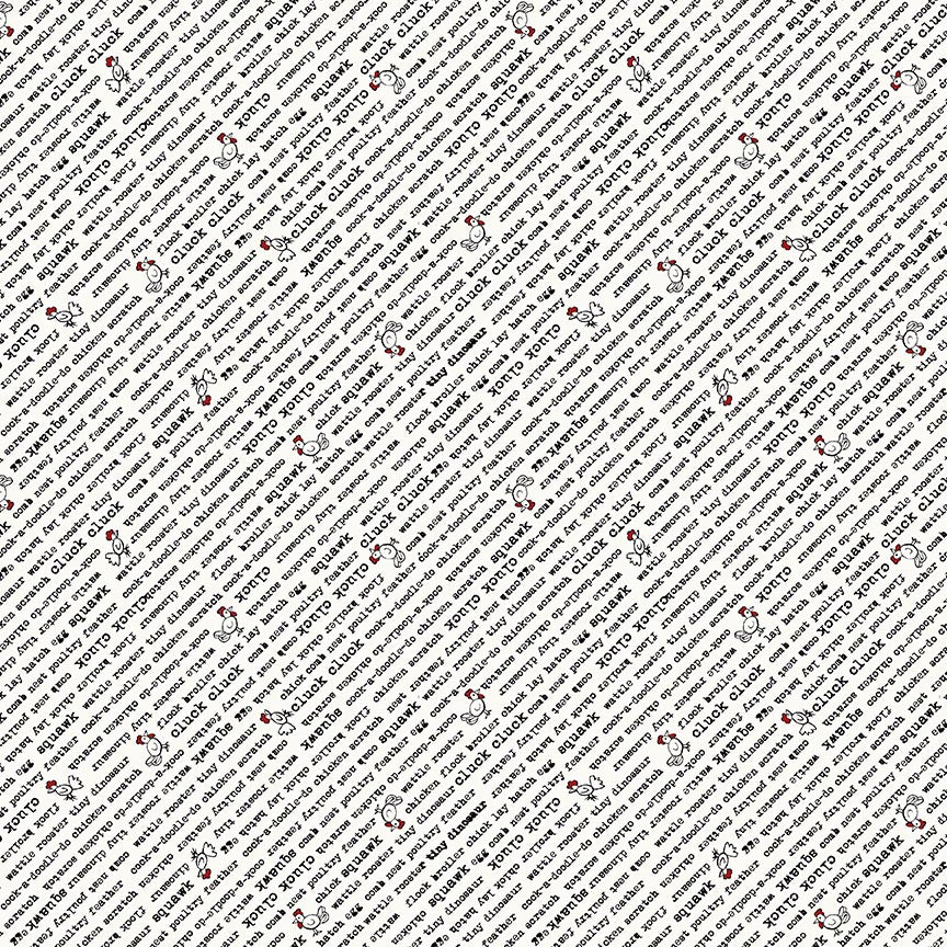 Studio E Zooming Chickens Diagonal Words Fabric – White Chicken Text Novelty Print by Timna Tarr