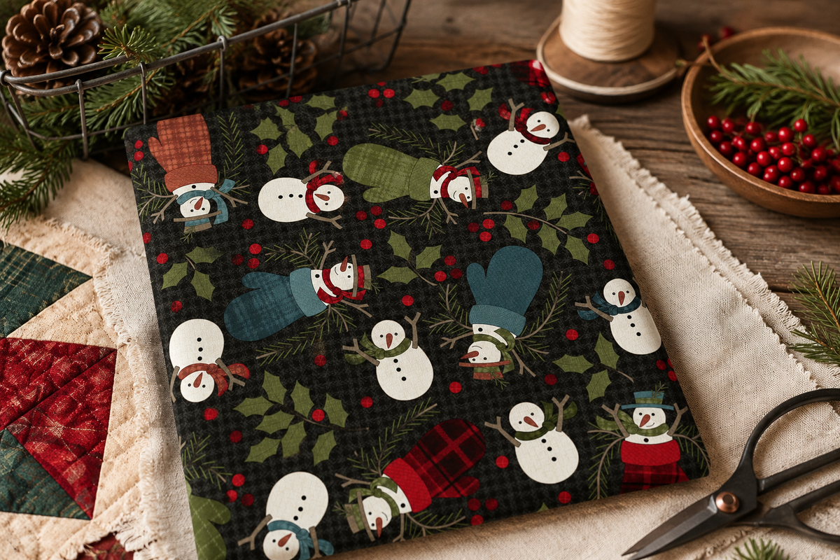 Maywood Studio Holly Jolly Black Snowmen Flannel Fabric – Holiday Print by Bonnie Sullivan