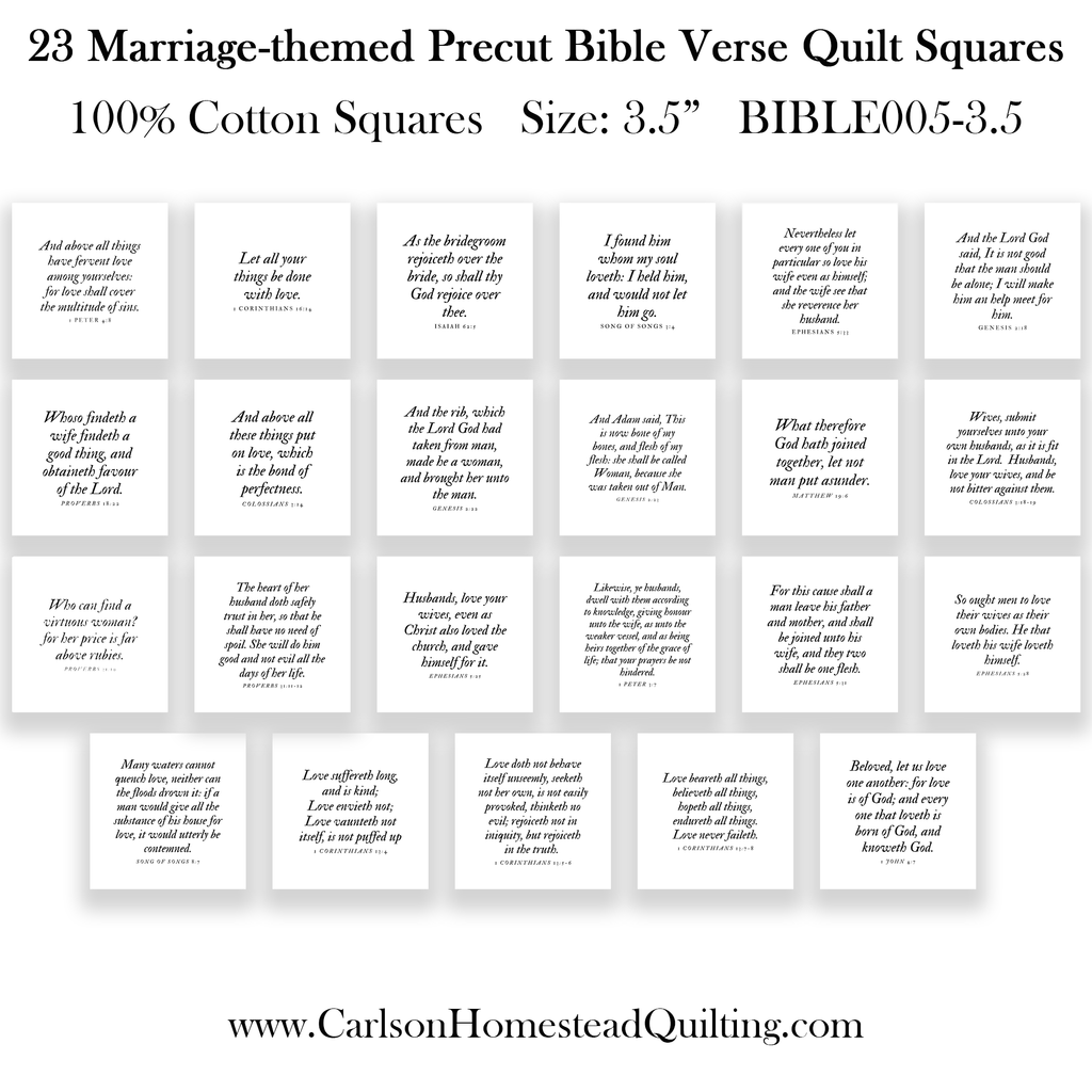 23 Wedding-themed Bible Verse Quilt Squares- Precut 3.5" or 5" squares - Carlson Homestead Quilting