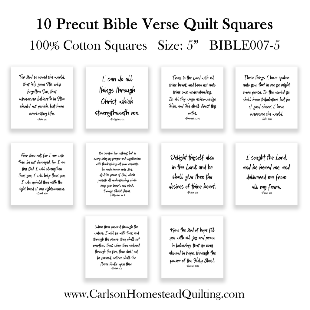 10 Bible Verse Quilt Squares - Precut 3.5” or 5" squares - Carlson Homestead Quilting