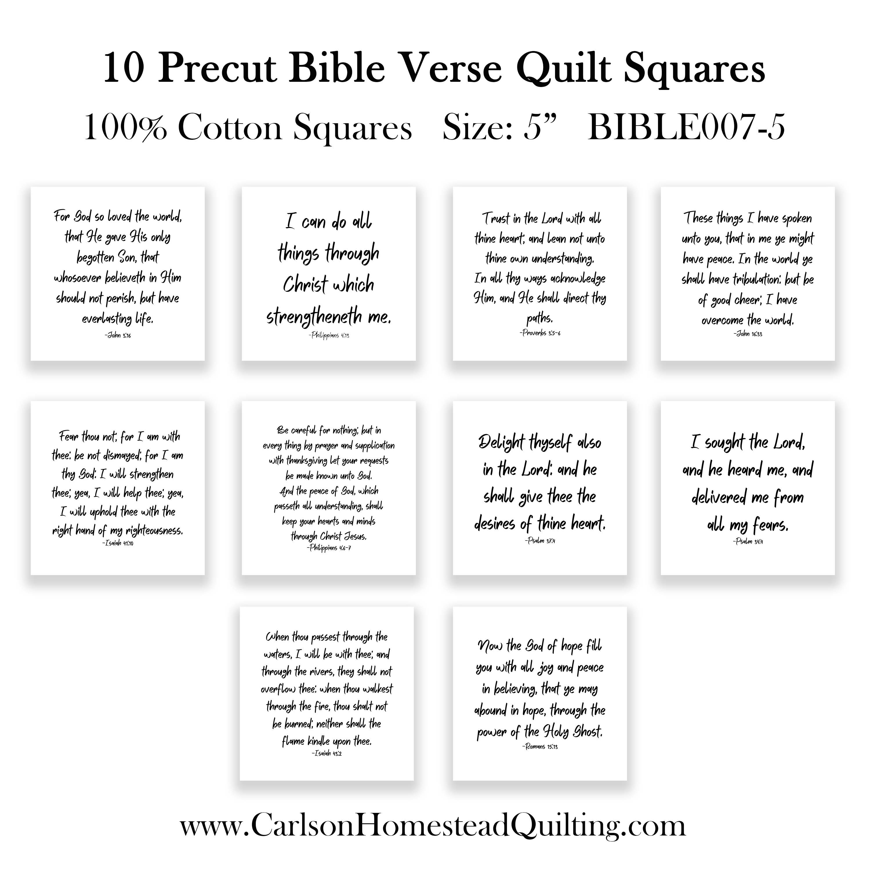 10 Bible Verse Quilt Squares - Precut 3.5” or 5" squares - Carlson Homestead Quilting