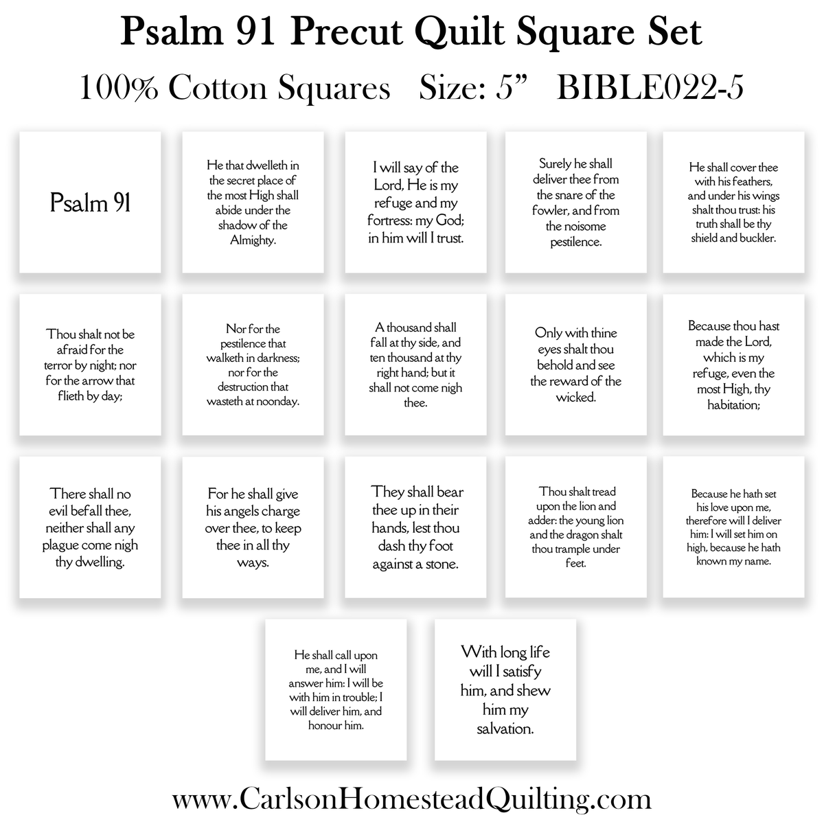 17 of Psalm 91 Bible Verses Quilt Squares in White - Precut 5" Squares Set - Carlson Homestead Quilting
