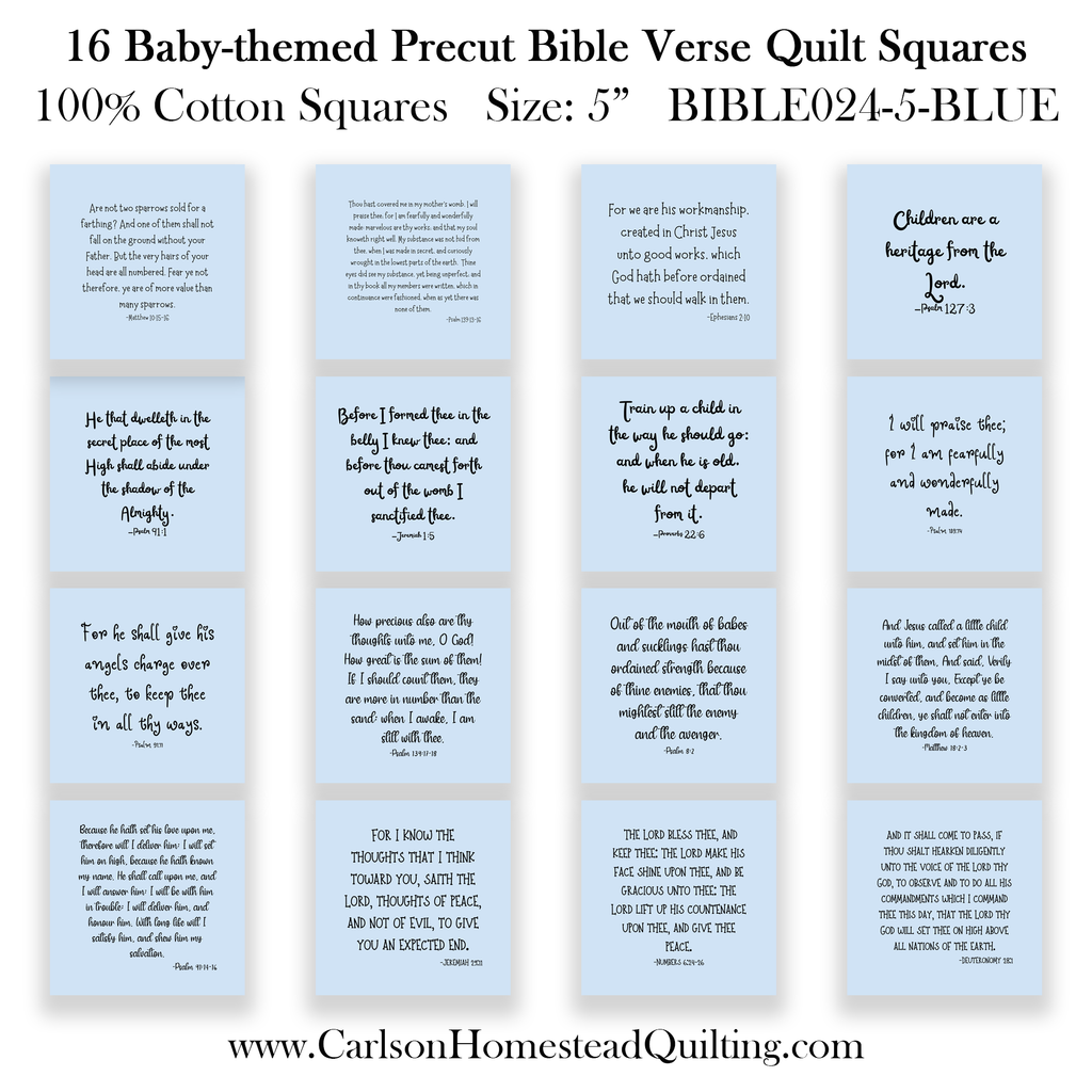 16 Baby-themed Bible Verse Quilt Squares - Light Blue - Precut 5in - Carlson Homestead Quilting