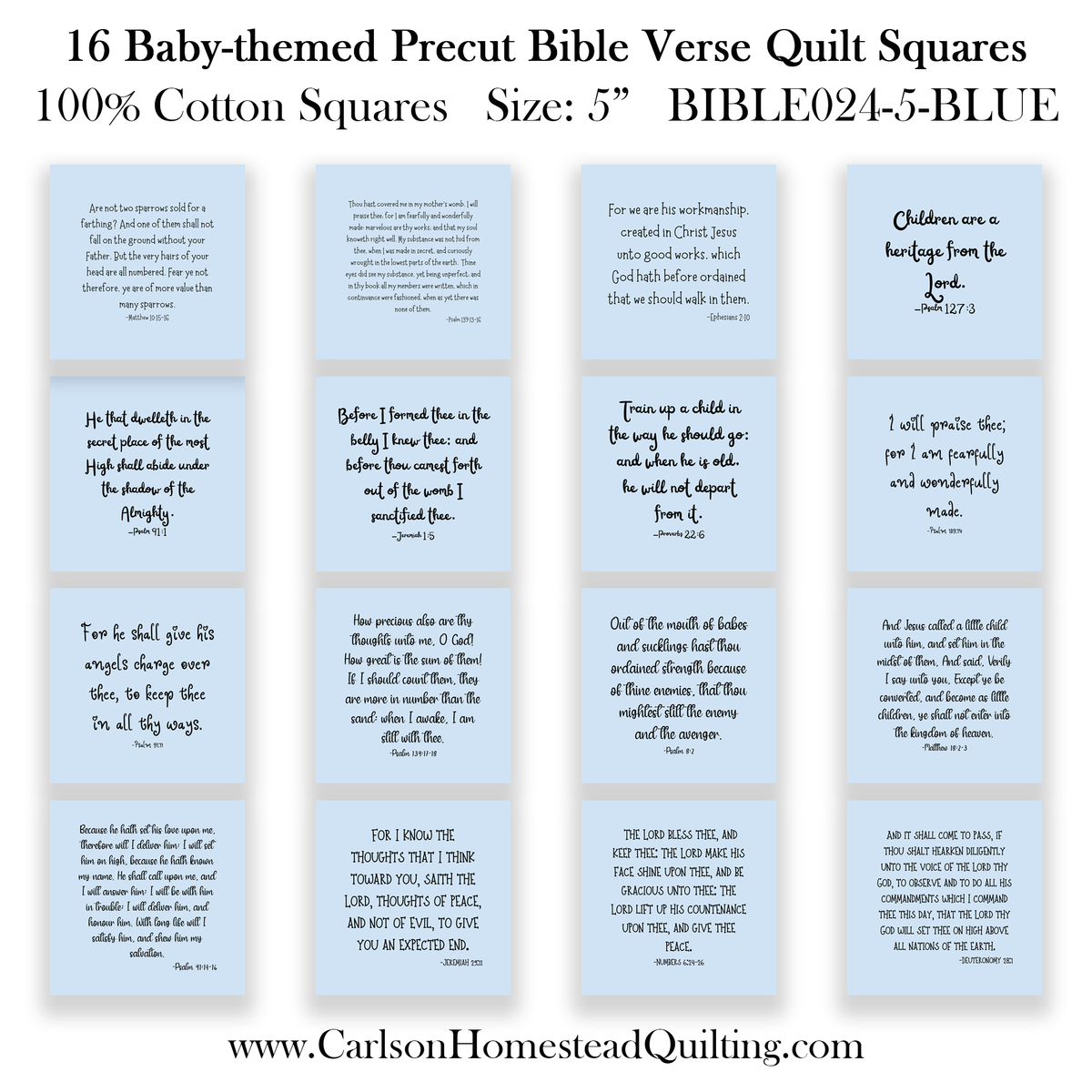 16 Baby-themed Bible Verse Quilt Squares - Light Blue - Precut 5in - Carlson Homestead Quilting
