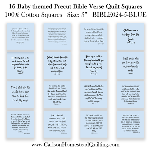 16 Baby-themed Bible Verse Quilt Squares - Light Blue - Precut 5in - Carlson Homestead Quilting