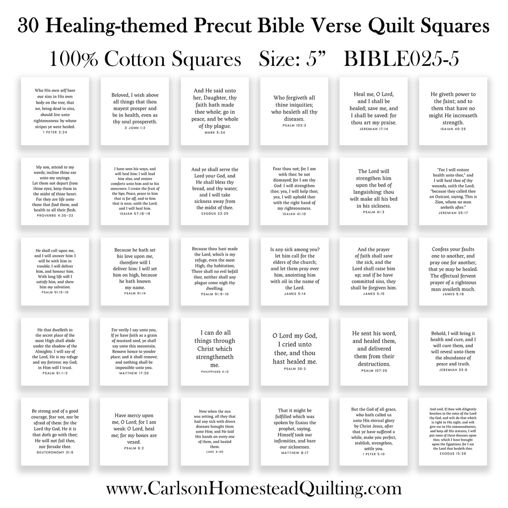 30 Healing-themed Bible Verse Quilt Squares - Precut 5in squares - Carlson Homestead Quilting