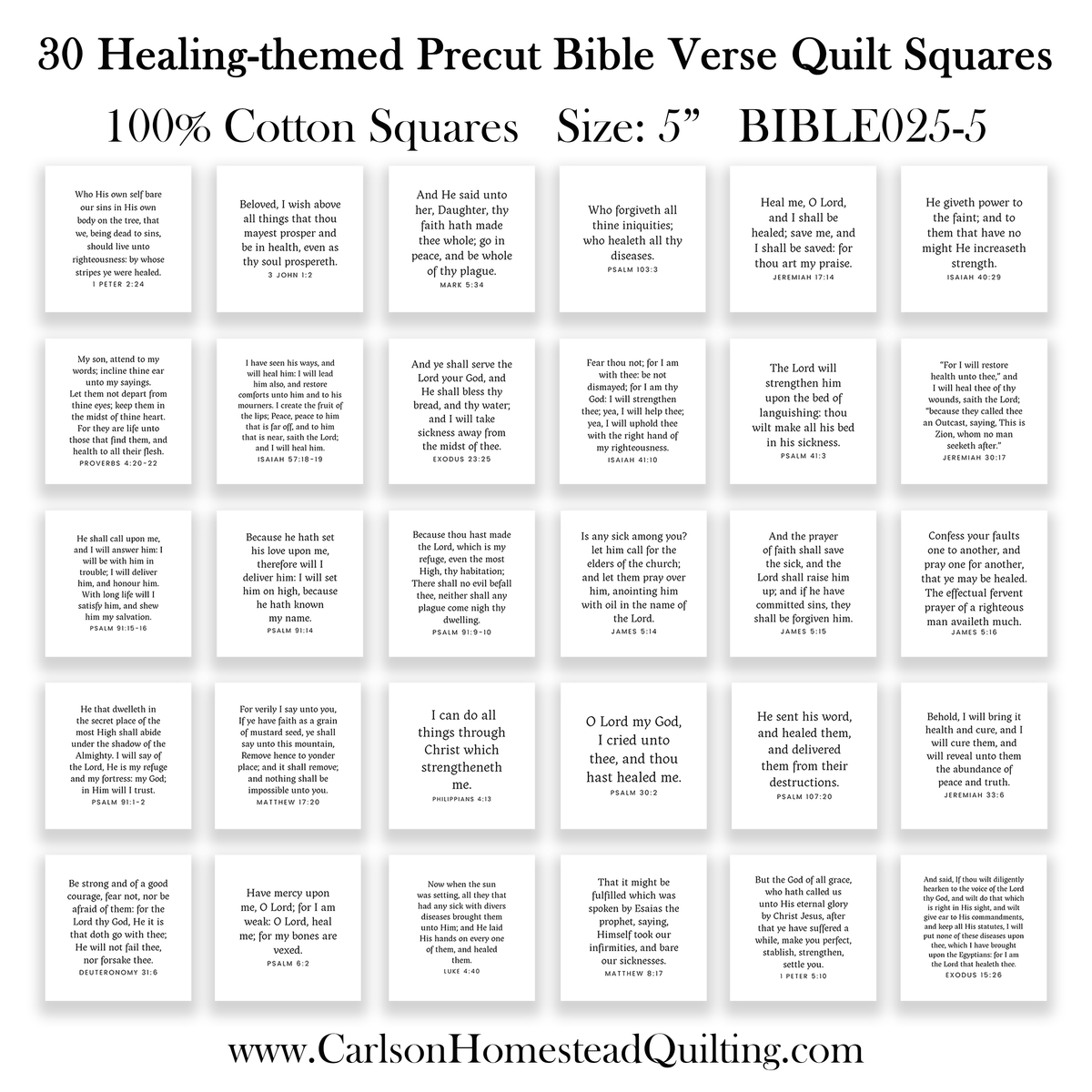 30 Healing-themed Bible Verse Quilt Squares - Precut 5in squares - Carlson Homestead Quilting