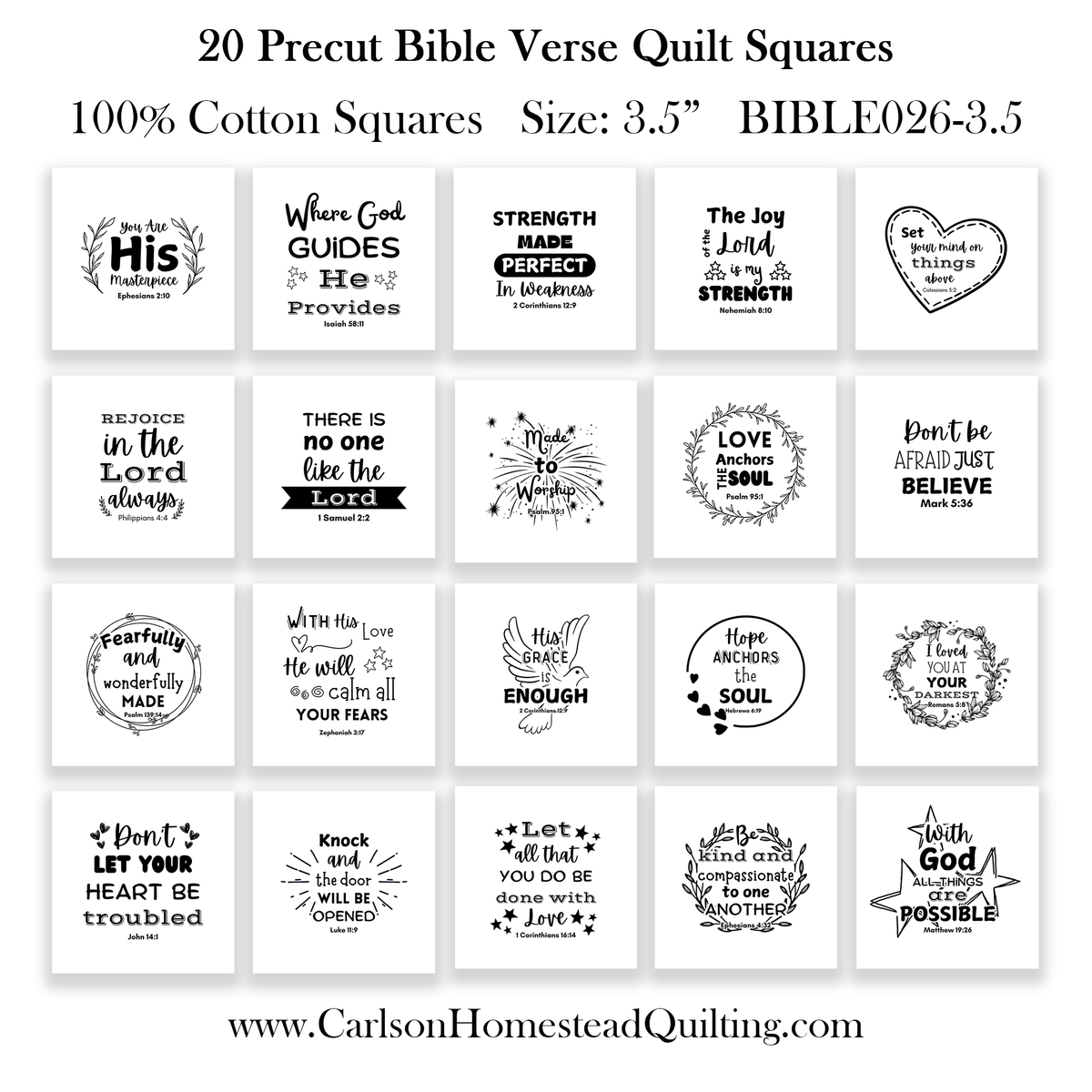 20 Bible Verse Quilt Squares - Precut 3.5" or 5" - Carlson Homestead Quilting