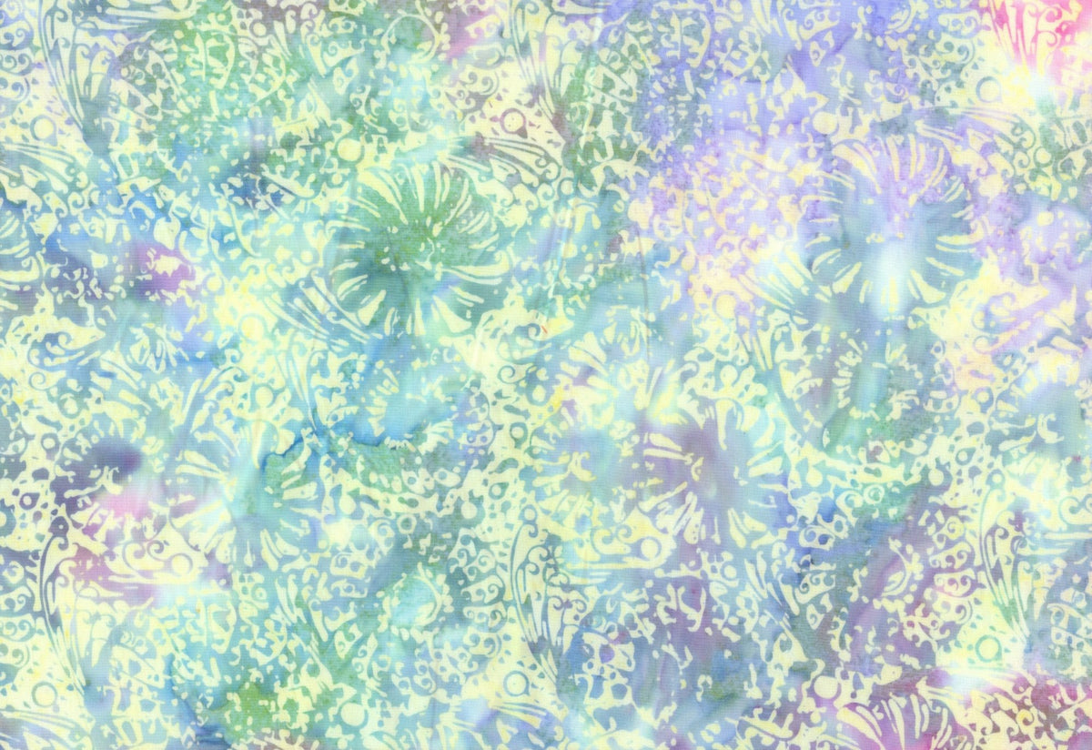 Banyan Batiks Flutter Flowers Faded Denim Fabric – Blue Purple Floral Batik Blender