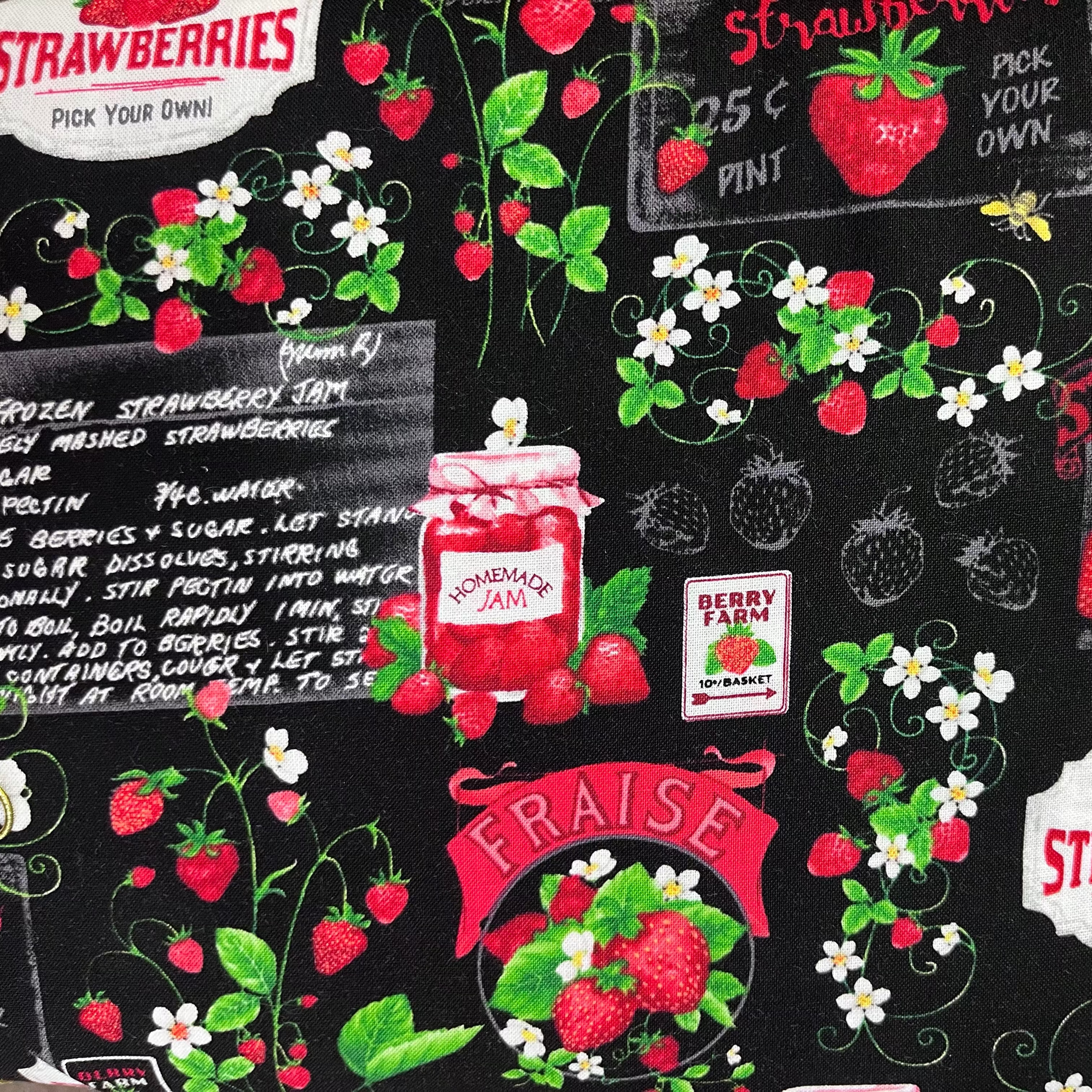 Timeless Treasures - Strawberry Fields - Strawberry Farm Signage Black Fabric