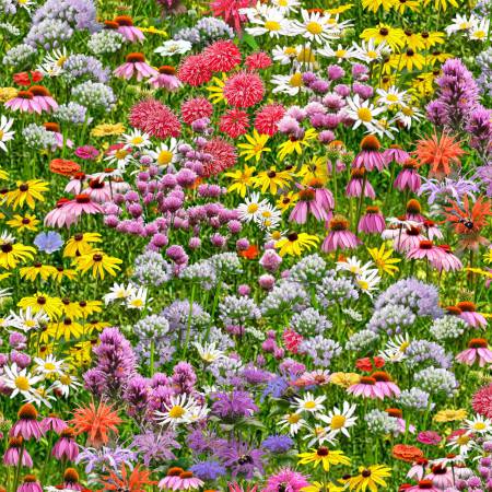 Elizabeth's Studio - Bees & Flowers-Multi Wildflowers/Bees - Floral Novelty Print