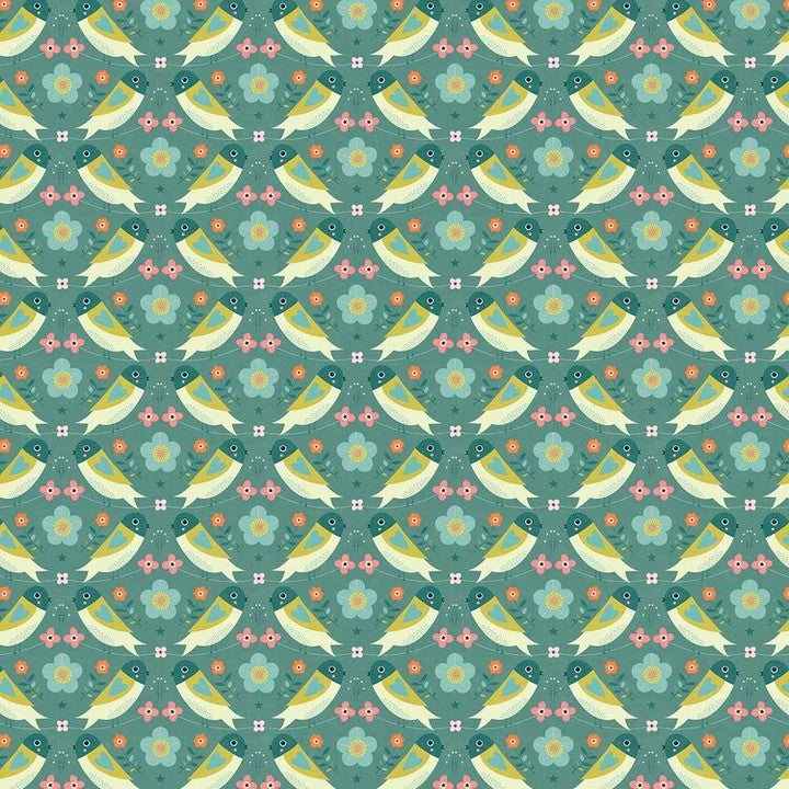 Dashwood Studio - Hedgerow - Birds on Teal Fabric - by Bee Brown