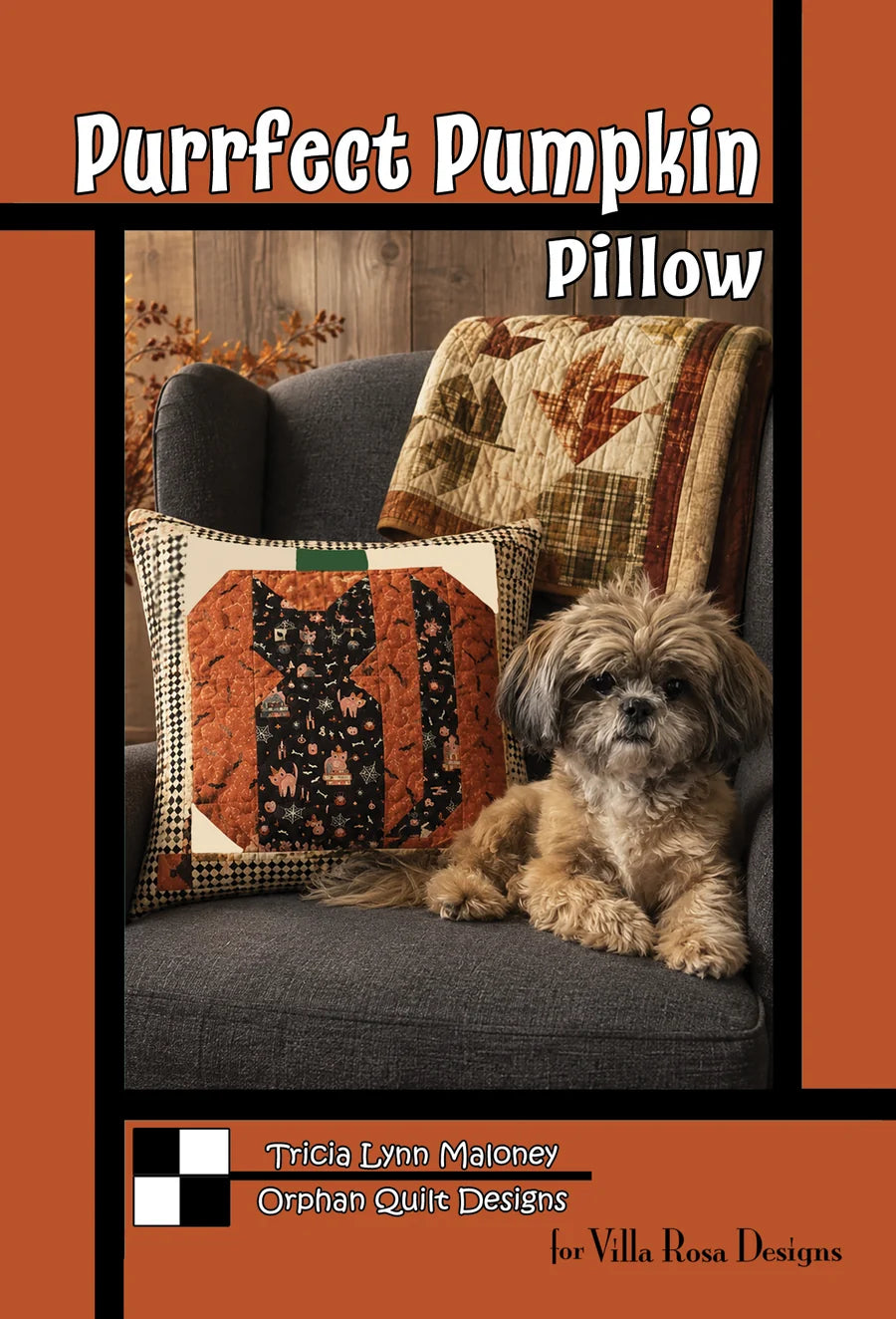 Purrfect Pumpkin Pillow Quilt Pattern (18" x 18") by Tricia Lynn Maloney from Villa Rosa Designs