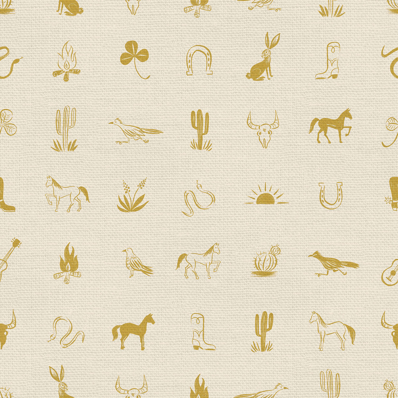 EE Schenck Desert Horses Wild West Icons Gold Fabric – Gold Western Novelty Print