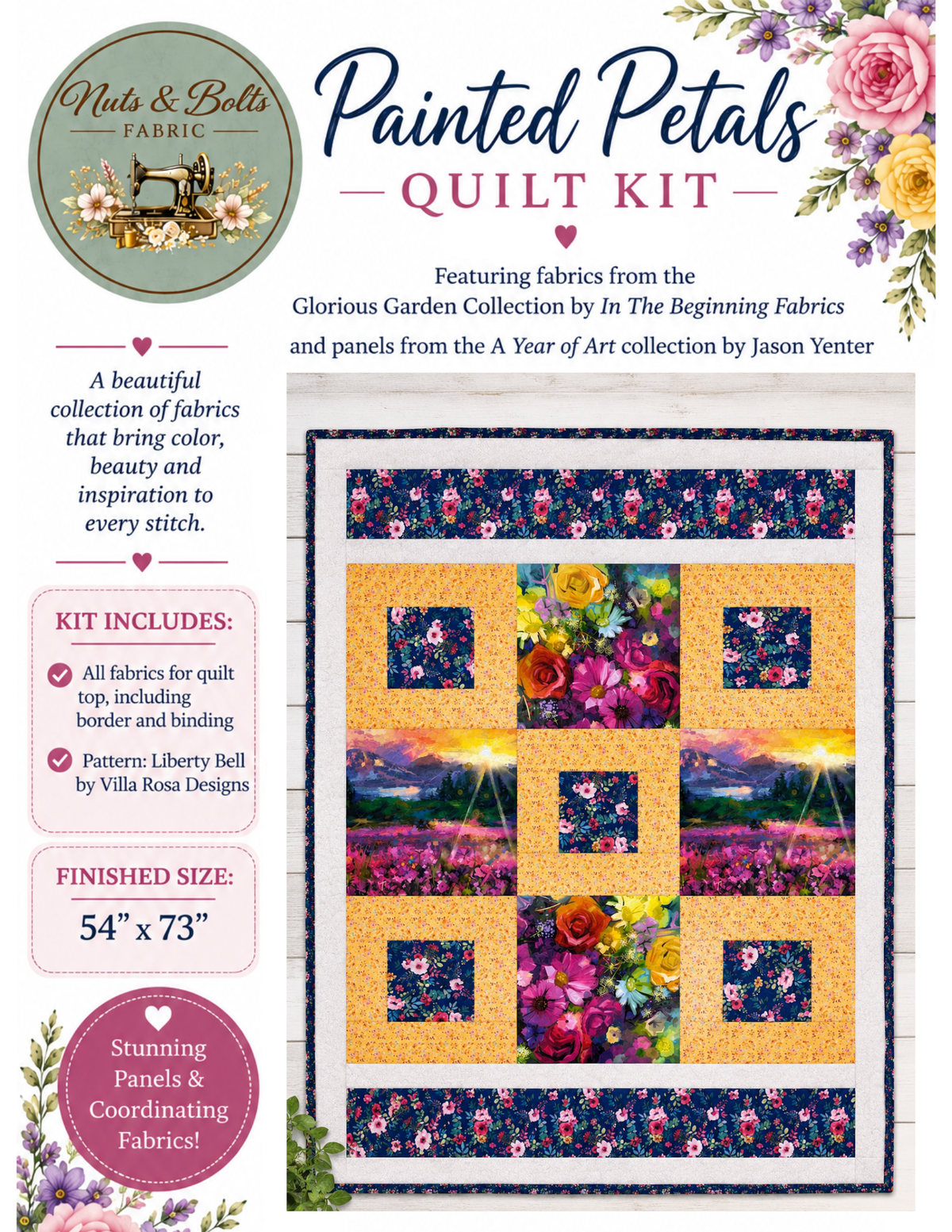 Painted Petals Quilt Kit – Liberty Bell Quilt Pattern (54" x 73") | Glorious Garden & A Year of Art | In the Beginning Fabrics