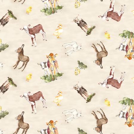 Clothworks - Farm Life Baby Animals Light Khaki Fabric – Print by Lexi Grenzer