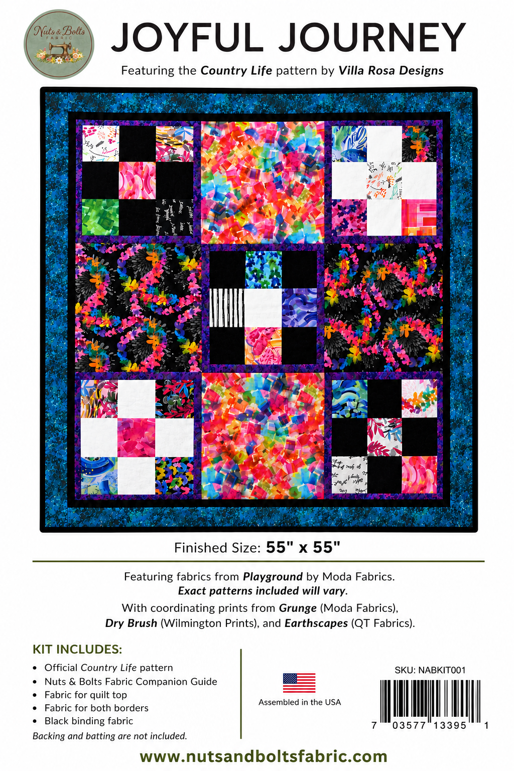 Joyful Journey Quilt Kit | Country Life Pattern by Villa Rosa Designs | Finished Size 55" x 55"