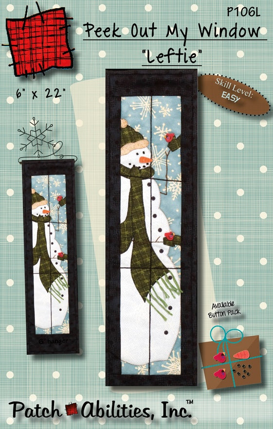 Peek Out My Window “Leftie” Snowman by Julie Wurzer - Wall Hanging Pattern – 6"x22" for Patch Abilities