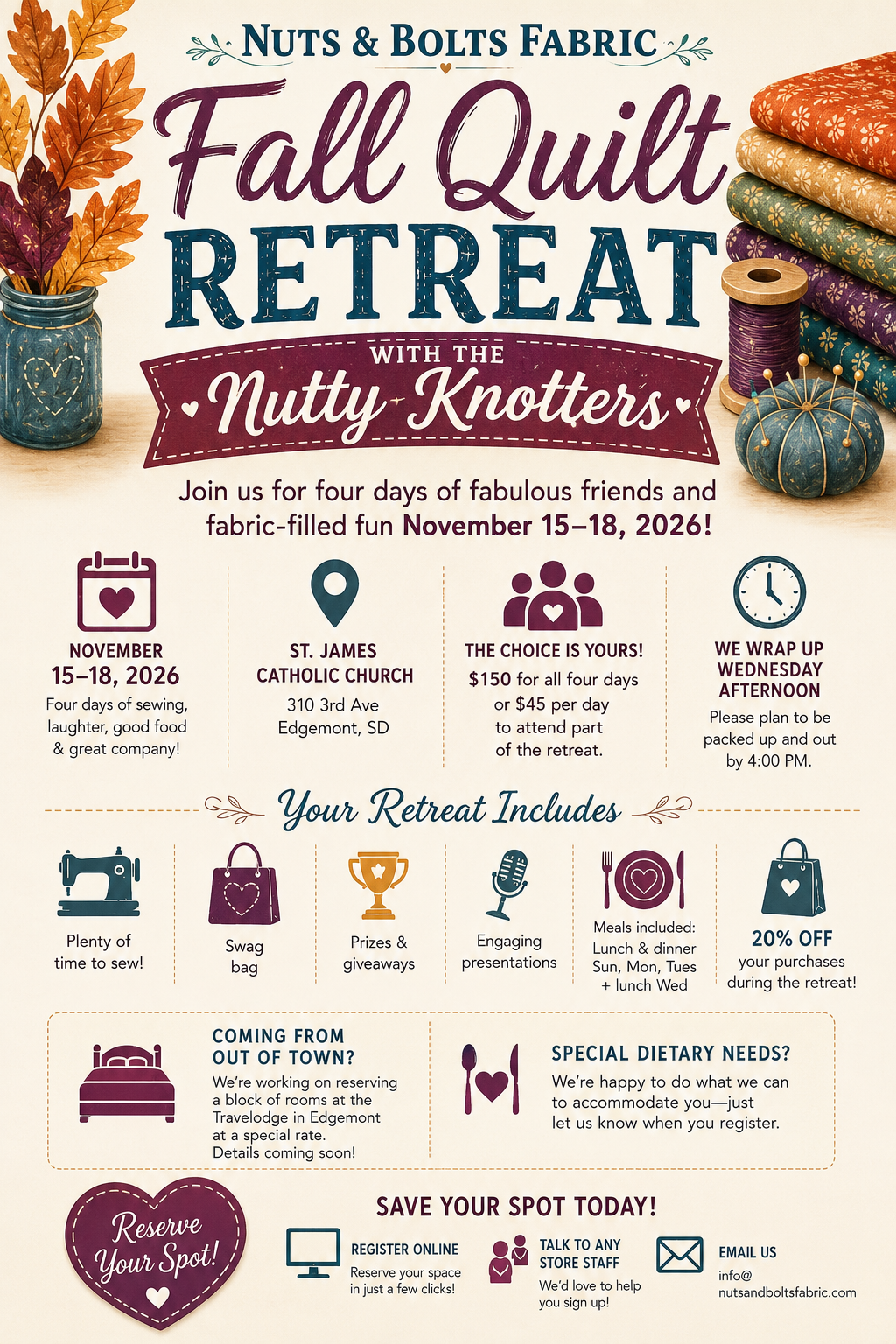 Fall Quilt Retreat with the Nutty Knotters – November 15–18, 2026