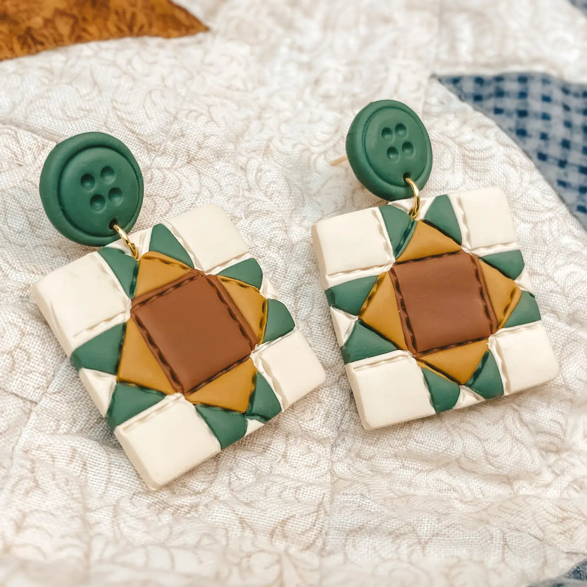22. Quilted Style Button & Block Stud Dangle Earrings – Handmade by Sydni Carlson Art