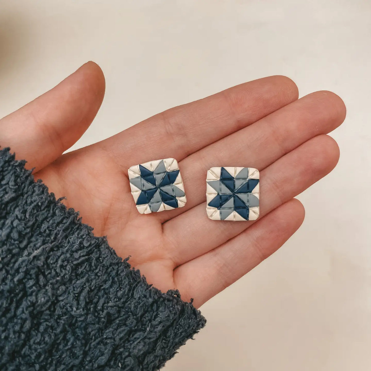 23. Blue Jean Night Quilt Block Stud Earrings – Handmade by Sydni Carlson Art