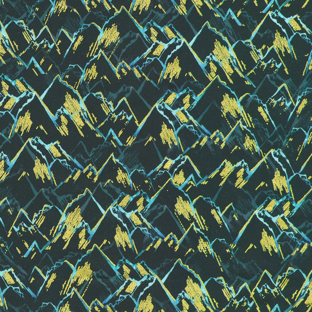 COMING SOON! Hill Shine Midnight Fabric – Navy Mountain Print by Rose Halsey from Robert Kaufman