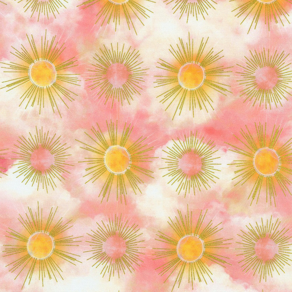 COMING SOON! Hill Shine Sunrise Fabric – Coral Sun & Cloud Print by Rose Halsey from Robert Kaufman