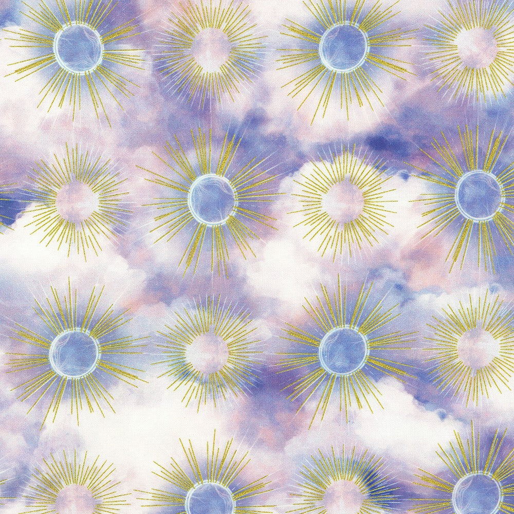COMING SOON! Hill Shine Lilac Fabric – Sun & Cloud Print by Rose Halsey from Robert Kaufman