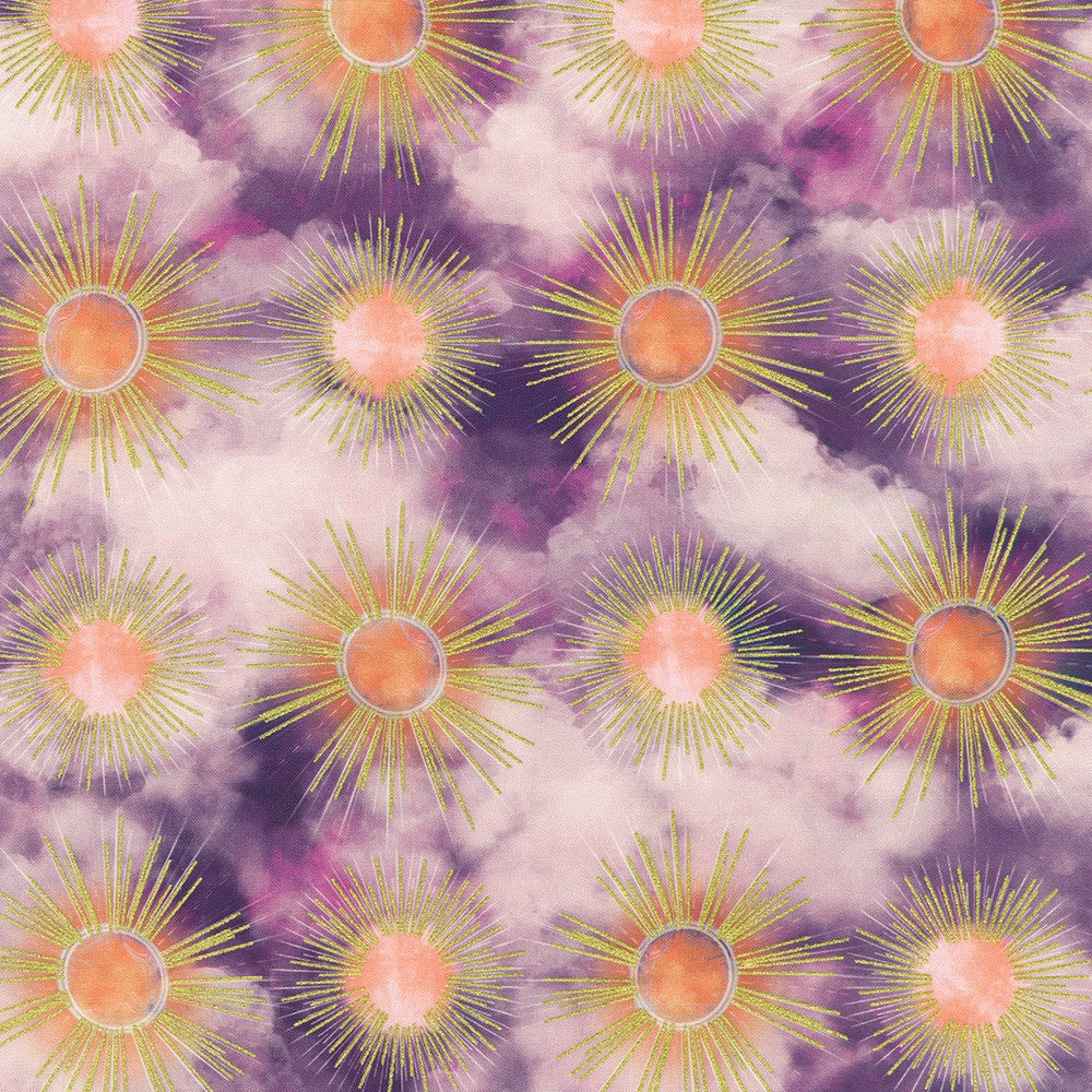 COMING SOON! Hill Shine Thistle Fabric – Purple Sun & Cloud Print by Rose Halsey from Robert Kaufman