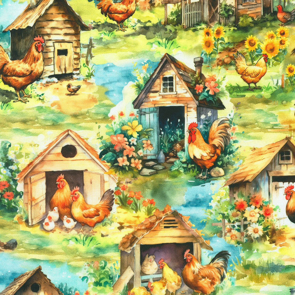 Country Fabric – Chicken Farmyard Print from Home to Roost From Robert Kaufman